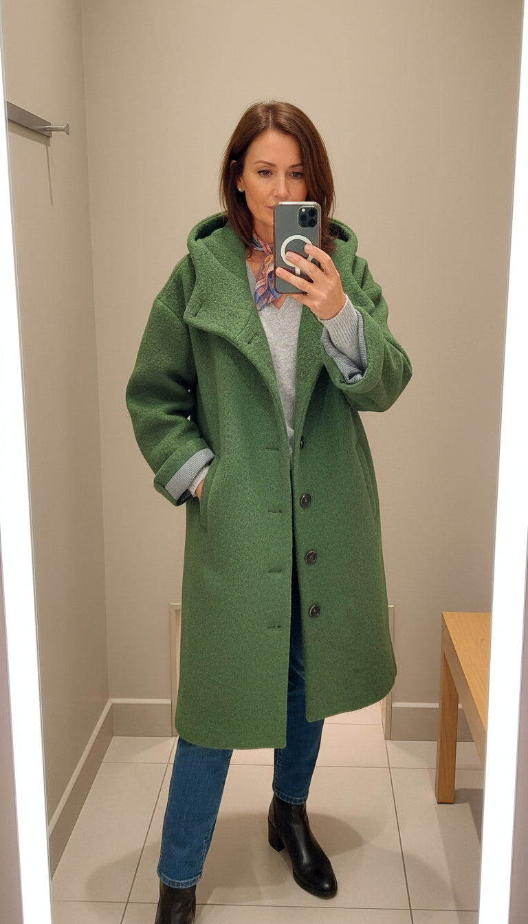 Women's Hooded Longline Coat with Button-Down Front
