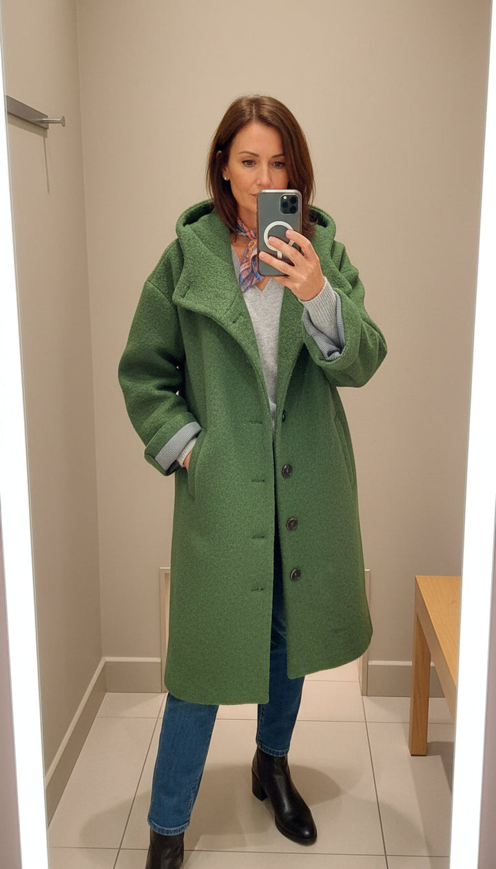 Women's Hooded Longline Coat with Button-Down Front