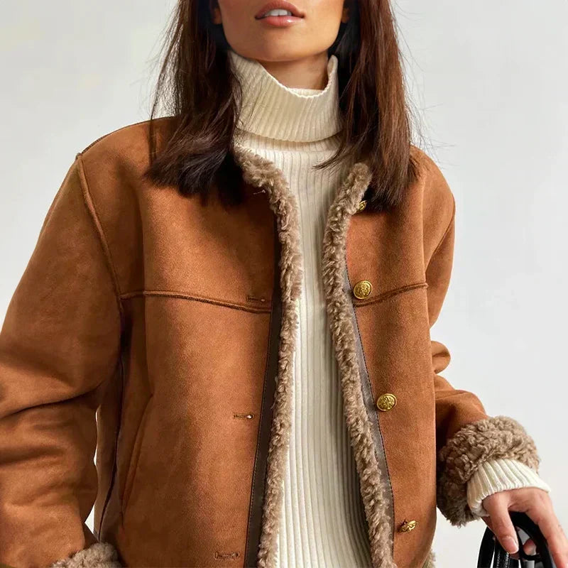 Women's Suede Shearling Jacket with Gold Button Front