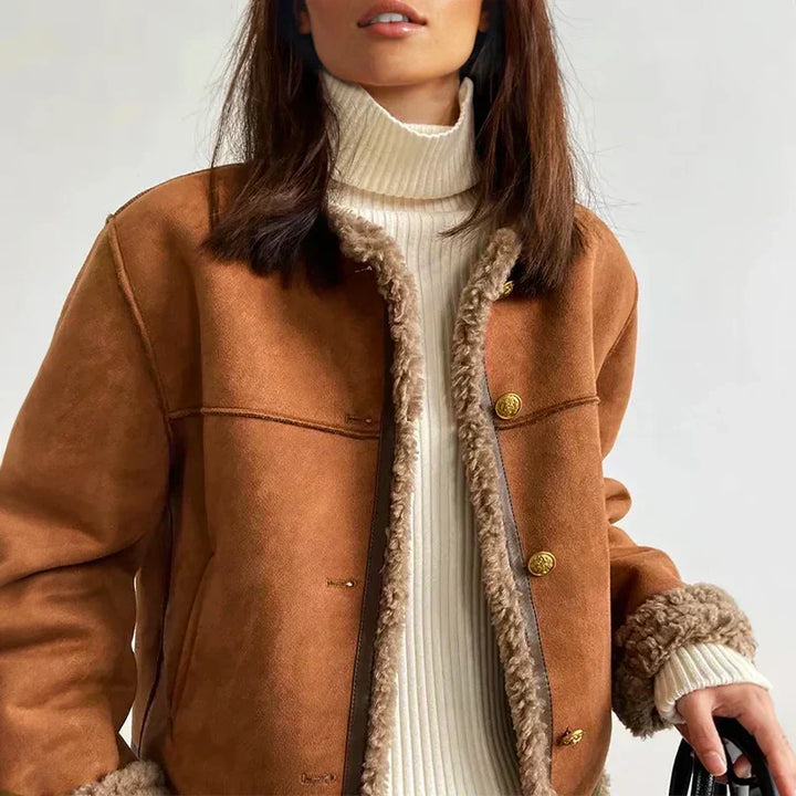 Women's Suede Shearling Jacket with Gold Button Front