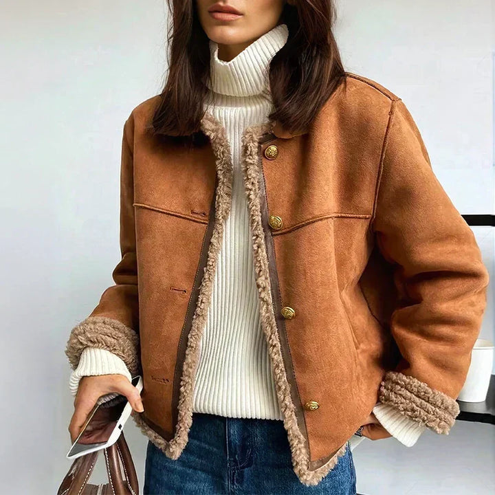 Women's Suede Shearling Jacket with Gold Button Front