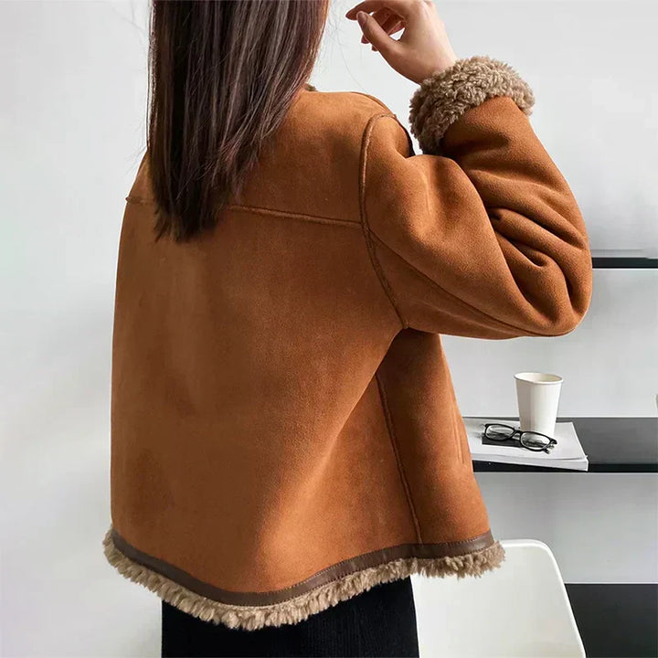 Women's Suede Shearling Jacket with Gold Button Front