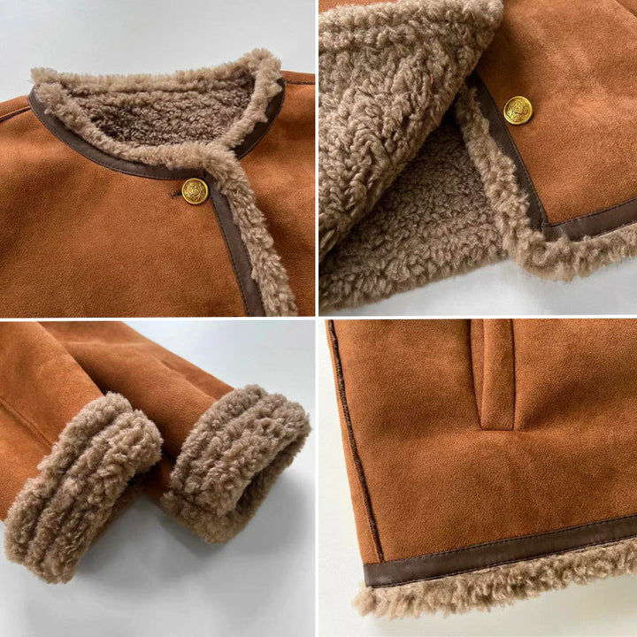 Women's Suede Shearling Jacket with Gold Button Front