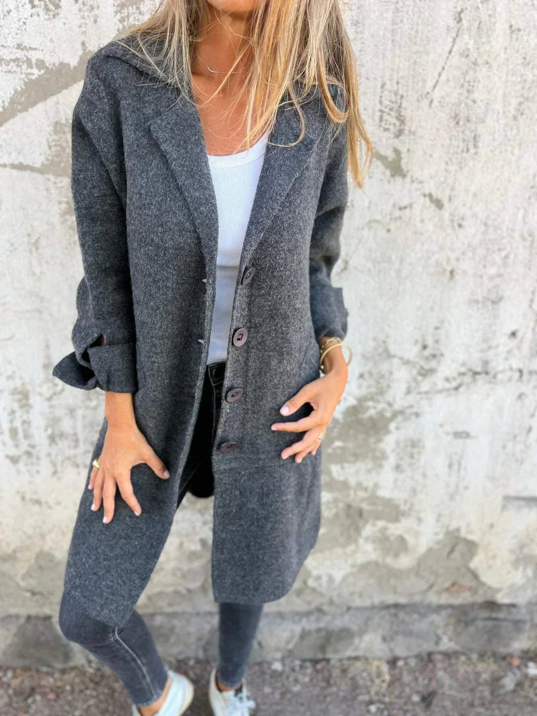 Women's Lapel Collar Longline Jacket with Button Closure