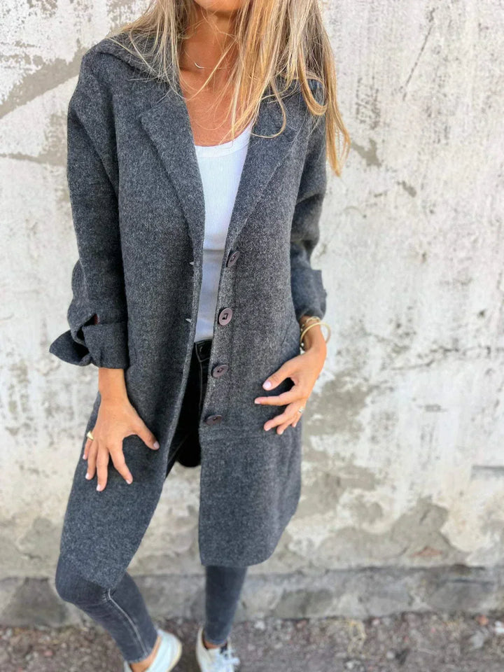 Women's Lapel Collar Longline Jacket with Button Closure