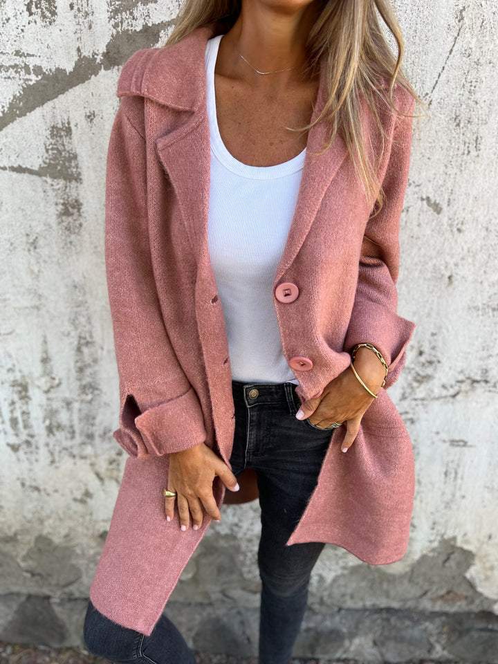 Women's Lapel Collar Longline Jacket with Button Closure