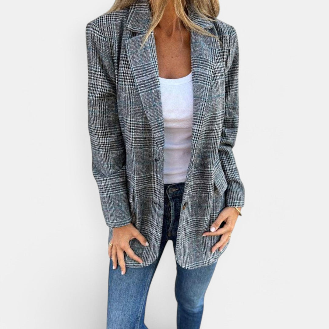 Women's Checkered Tailored Blazer with Notch Collar